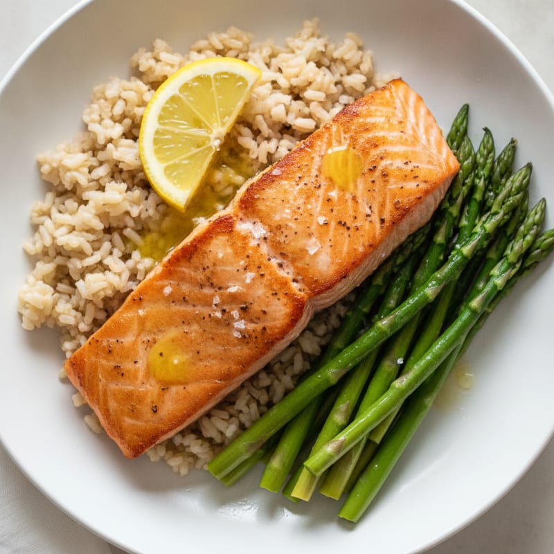 Seared Salmon Fillet with Steamed Asparagus and Brown Rice