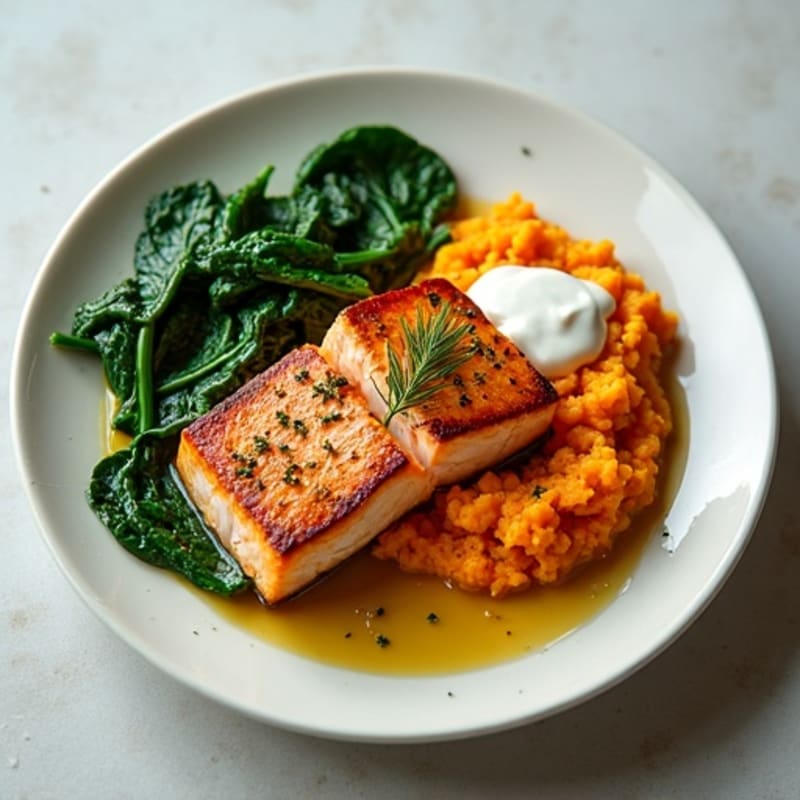 Seared Salmon Fillet with Garlic Spinach and Sweet Potato Mash