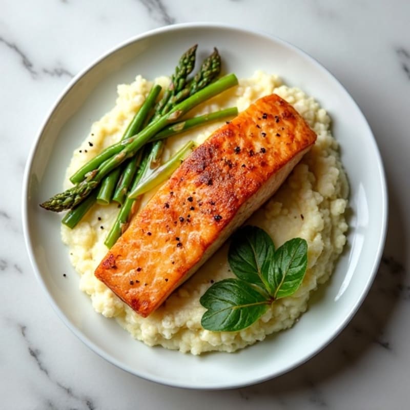 Seared Salmon with Steamed Asparagus and Cauliflower Mash