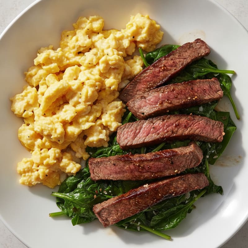 Scrambled Eggs with Seared Steak and Sautéed Spinach