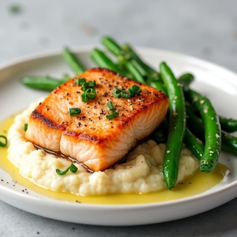 Seared Salmon Fillet with Steamed Green Beans and Cauliflower Mash