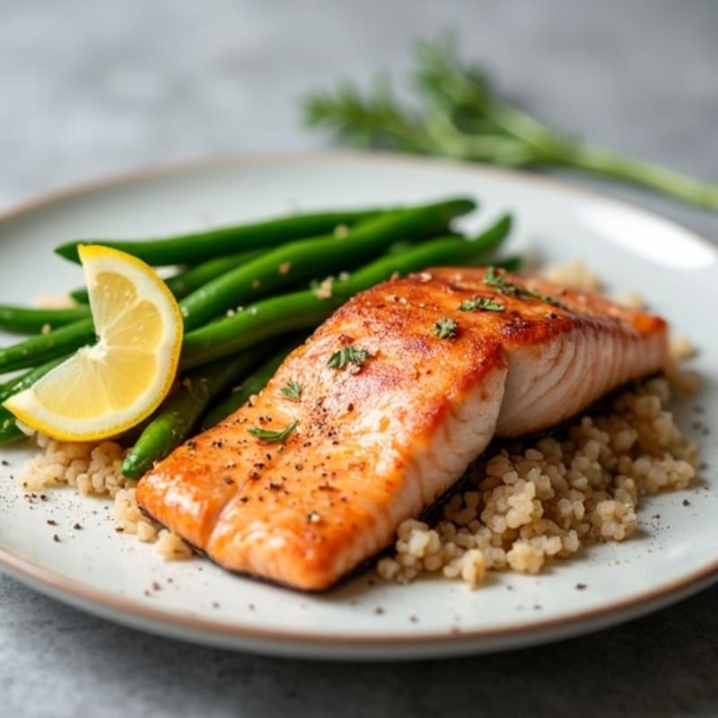 Seared Salmon with Steamed Green Beans and Brown Rice