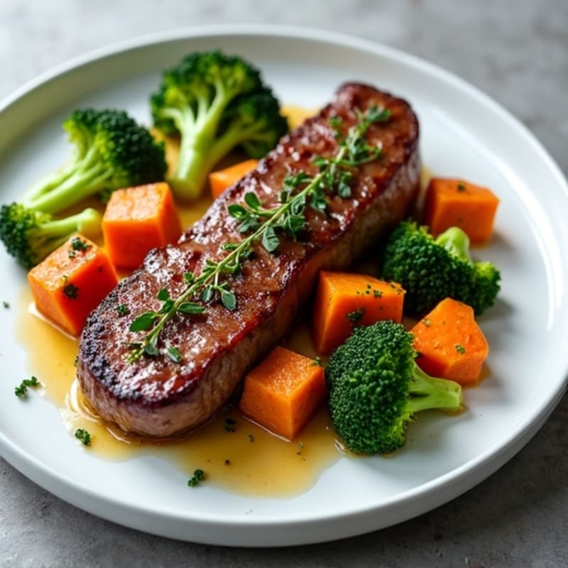 Pan-Seared Venison with Roasted Sweet Potatoes and Broccoli