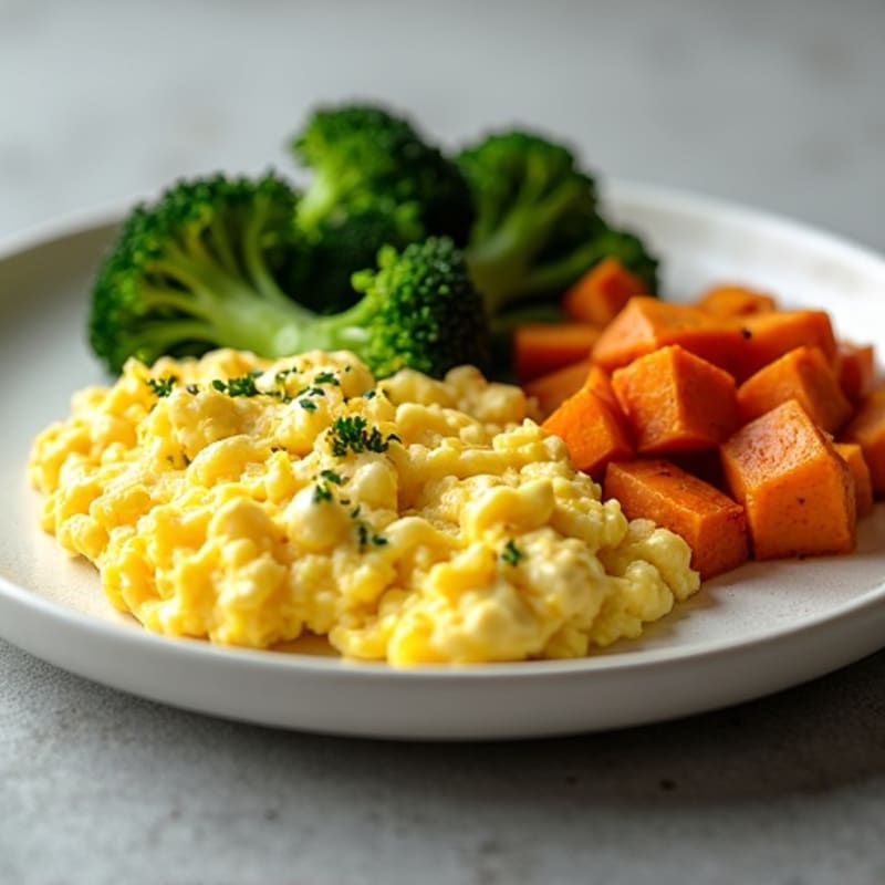 Scrambled Egg Whites with Roasted Sweet Potatoes and Broccoli Steak