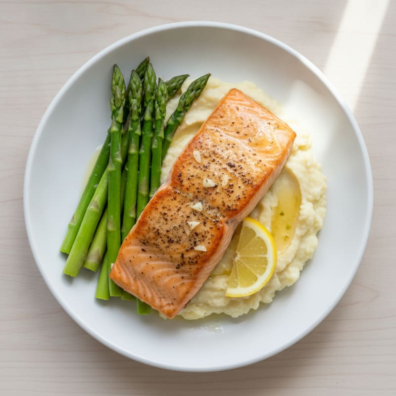 Seared Salmon with Steamed Asparagus and Garlic Cauliflower Mash