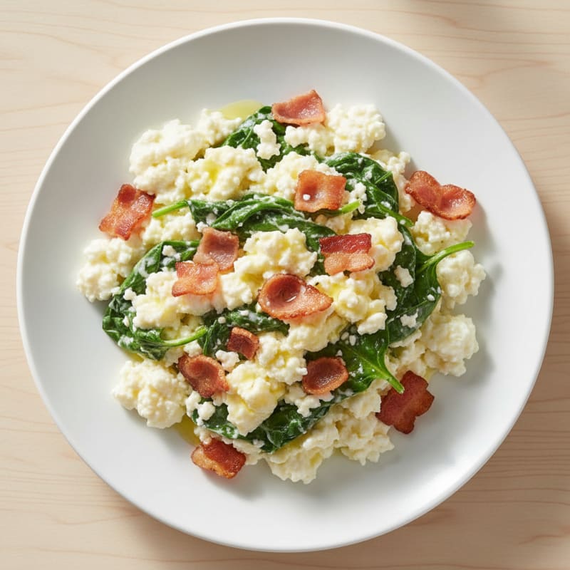 Cottage Cheese Egg Scramble with Spinach and Turkey Bacon