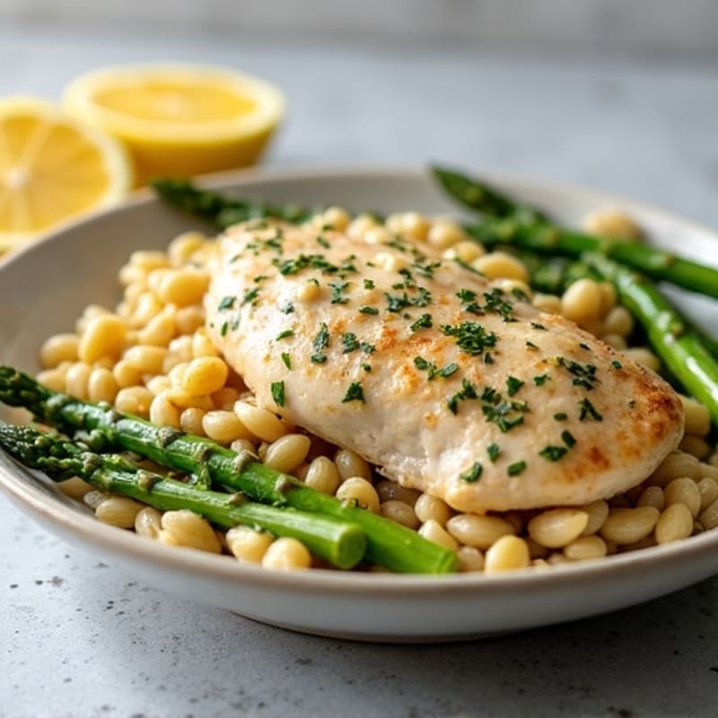 Creamy Lemon-Herb Chicken Pasta with Roasted Asparagus
