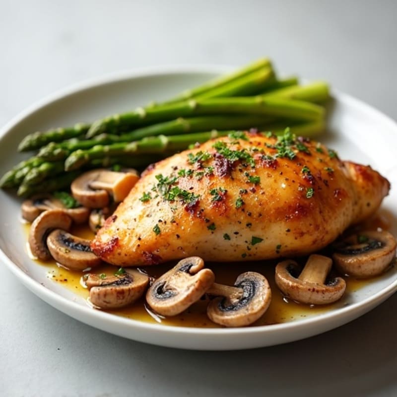 Roasted Chicken with Tender Garlic Butter Mushrooms and Crispy Asparagus