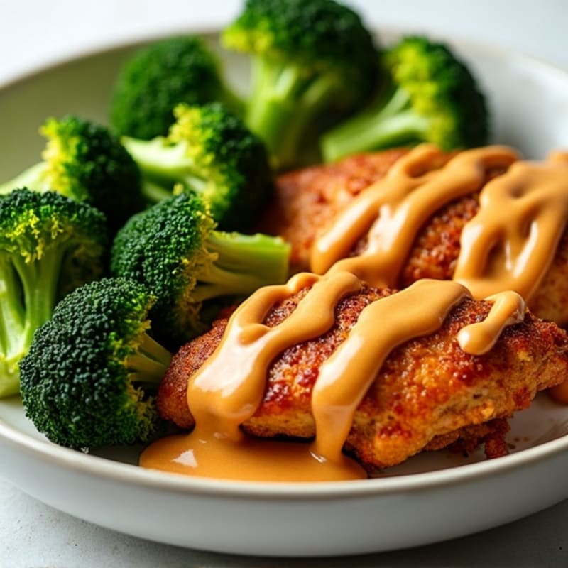Sheet Pan Crispy Broccoli and Chicken with Creamy Spicy Peanut Sauce