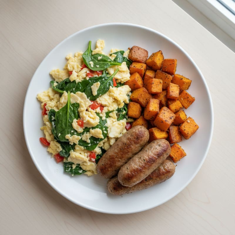 Egg White Veggie Scramble with Turkey Sausage and Roasted Sweet Potatoes