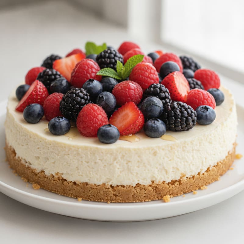 Greek Yogurt Protein Cheesecake with Mixed Berries