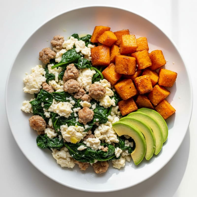 Egg White and Turkey Sausage Scramble with Spinach and Roasted Sweet Potato