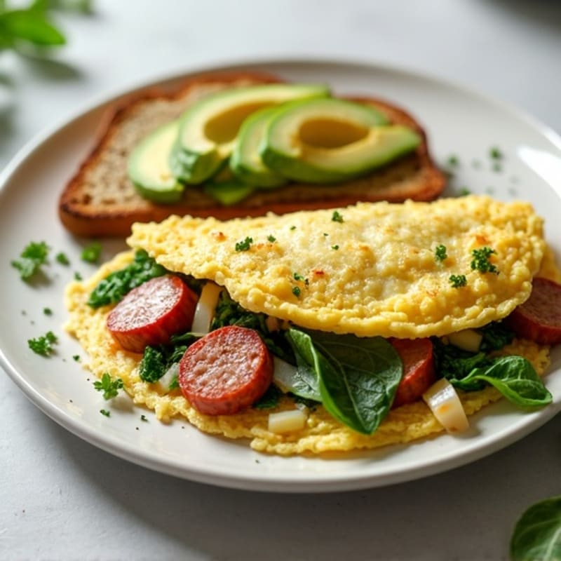 Egg White Spinach Omelette with Turkey Sausage and Toast with Avocado