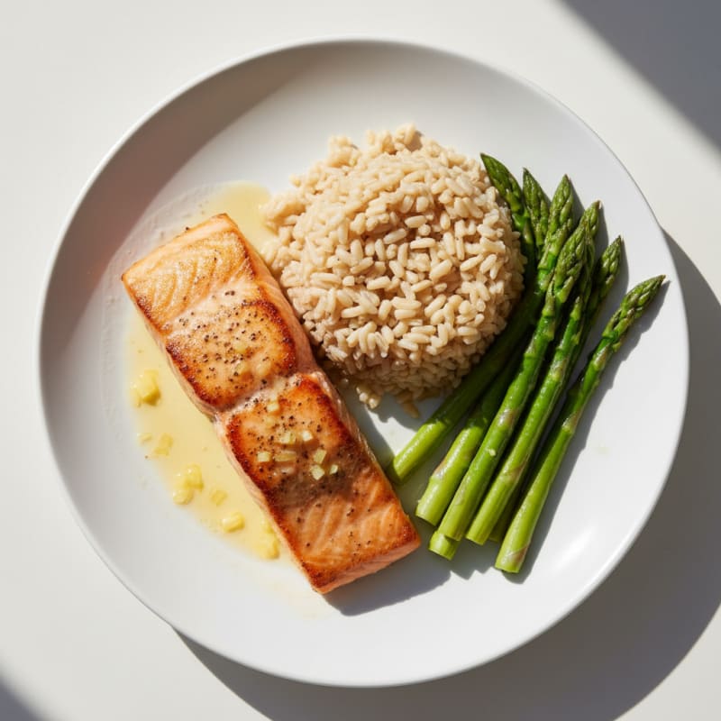 Seared Salmon with Steamed Asparagus and Brown Rice