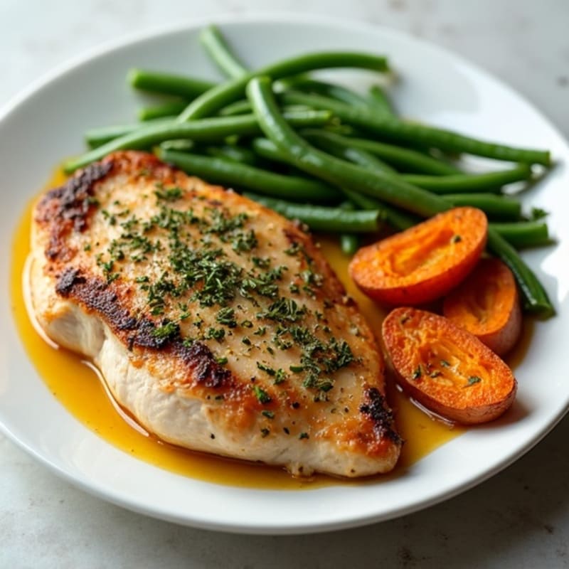 Herb-Roasted Chicken with Crispy Sweet Potatoes and Fresh Green Beans