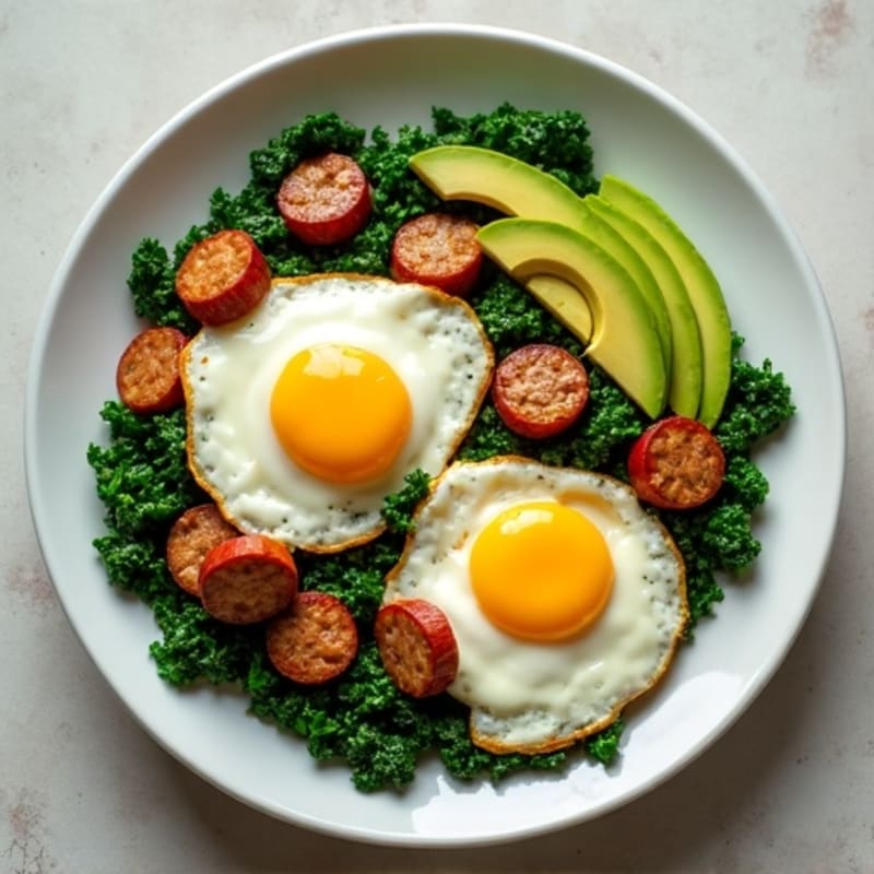 Turkey Sausage and Egg Scramble with Fresh Spinach, Kale, and Creamy Avocado