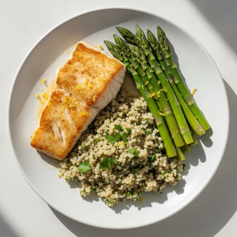 Pan-Seared Cod with Herb Quinoa and Steamed Asparagus