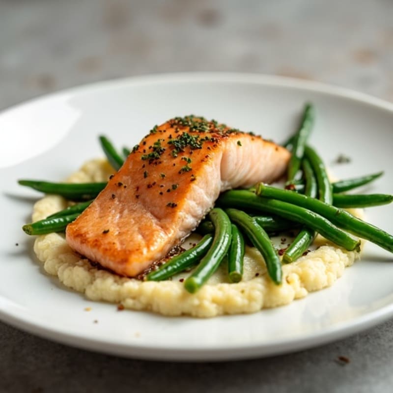Seared Salmon with Garlic Green Beans and Cauliflower Mash