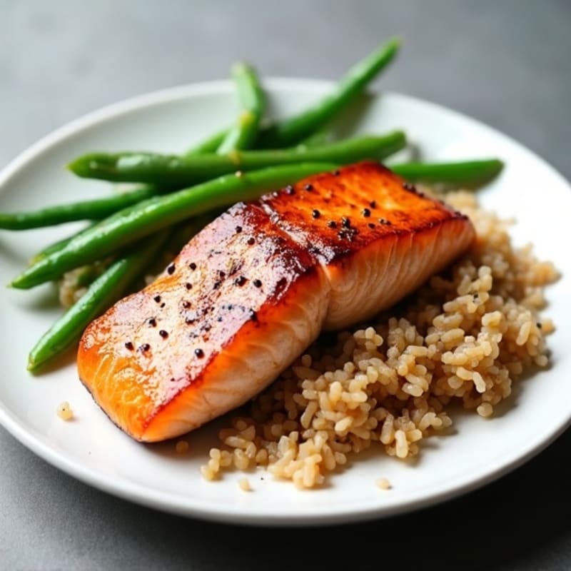 Seared Salmon Fillet with Steamed Green Beans and Brown Rice