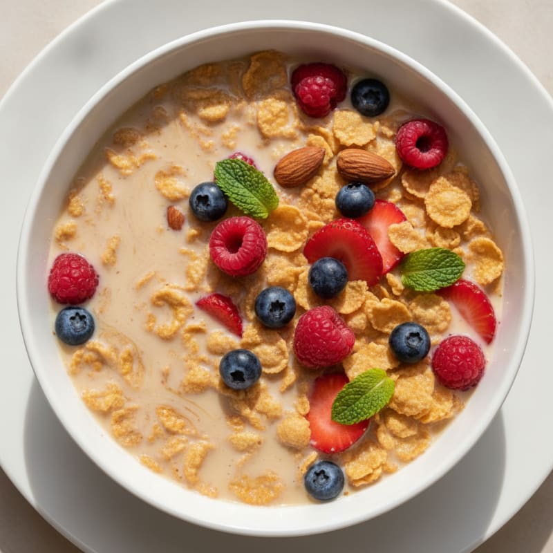 Protein Cereal Bowl with Mixed Berries and Whey Protein Milk