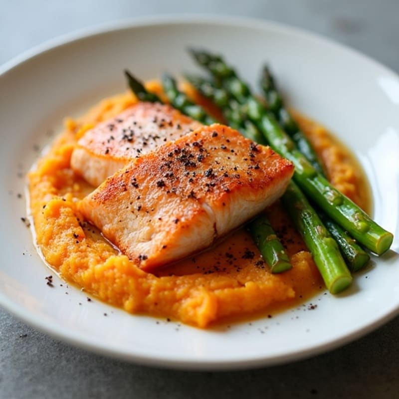 Seared Salmon with Roasted Asparagus and Sweet Potato Mash