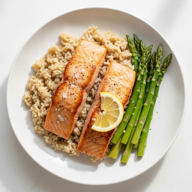 Seared Salmon with Steamed Asparagus and Brown Rice