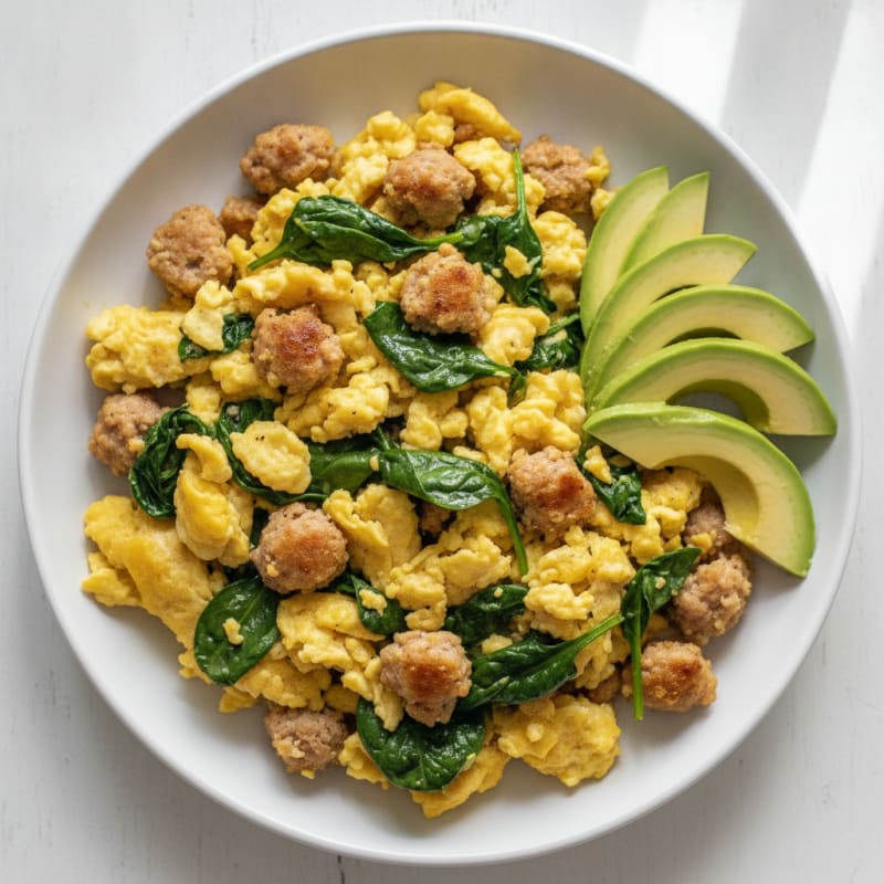 Scrambled Eggs with Spinach and Turkey Sausage