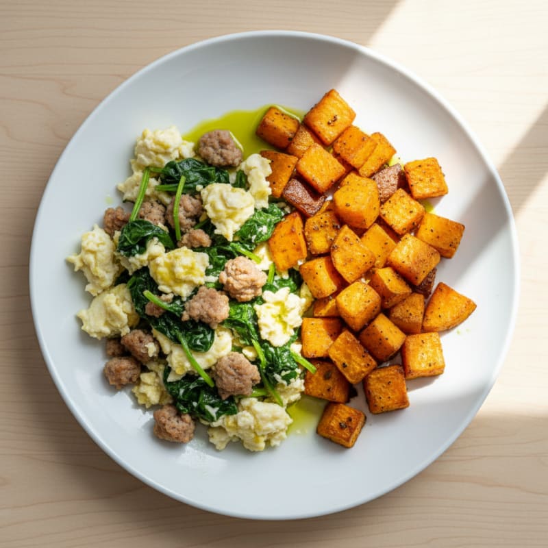 Egg White and Turkey Sausage Scramble with Spinach and Roasted Sweet Potato