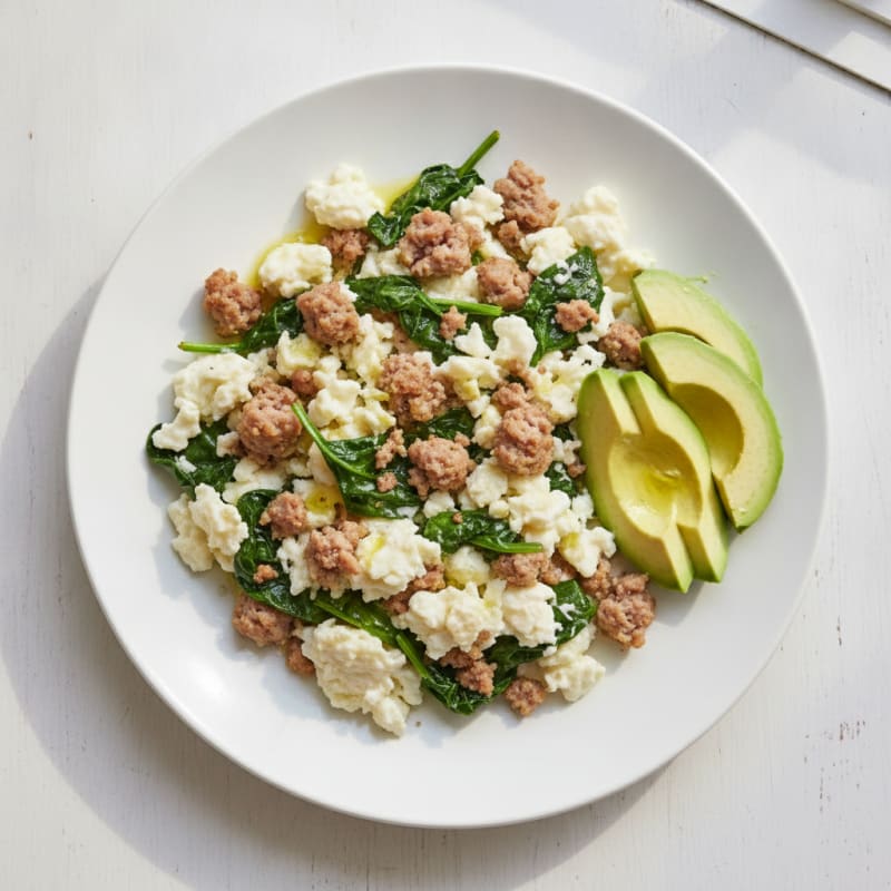 Scrambled Egg Whites with Turkey Sausage and Sautéed Spinach