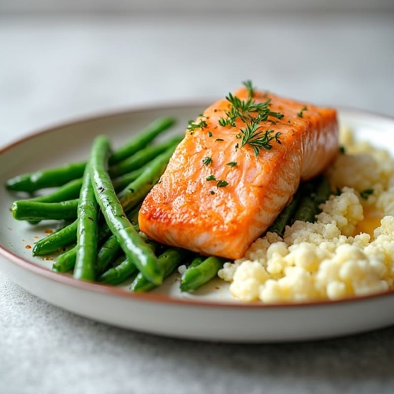 Seared Salmon with Garlic Green Beans and Cauliflower Mash