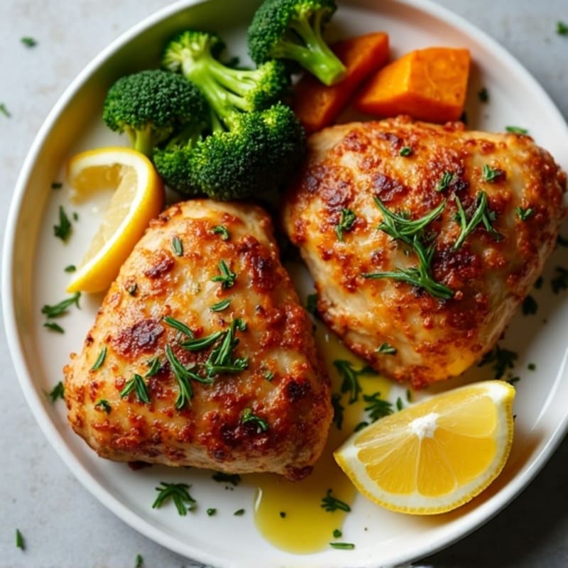 Sheet Pan Lemon-Herb Crispy Chicken Thighs with Roasted Broccoli and Sweet Potatoes