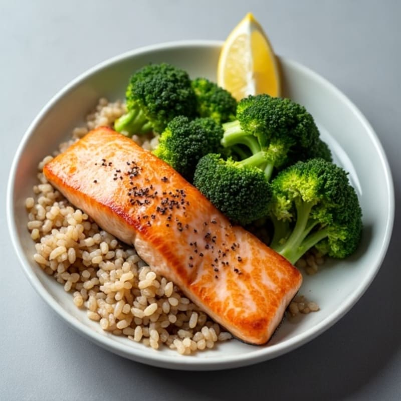 Seared Salmon Fillet with Steamed Broccoli and Brown Rice