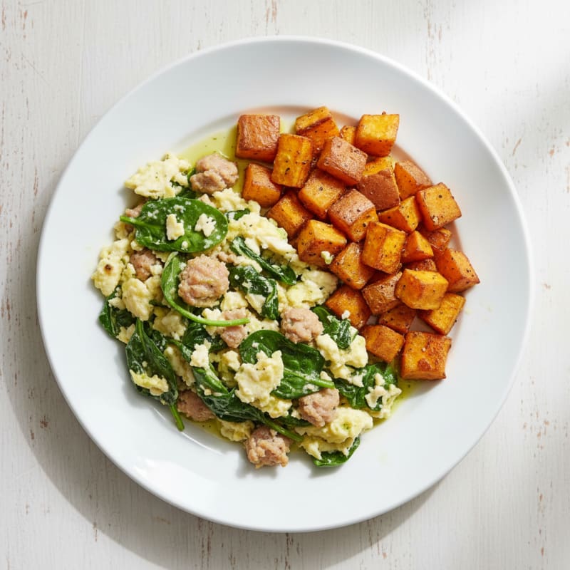 Egg White and Turkey Sausage Scramble with Spinach and Roasted Sweet Potatoes