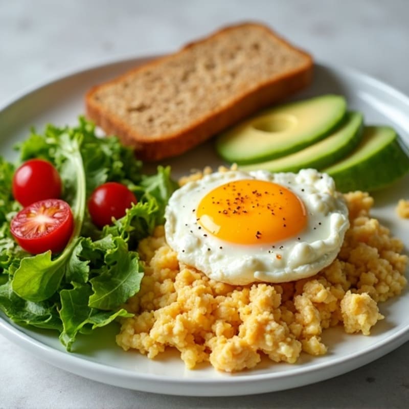 Fluffy Egg and Turkey Scramble with Creamy Cottage Cheese, Fresh Avocado, Crisp Salad, and Whole Grain Bread