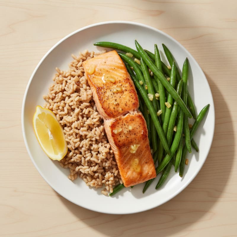 Seared Salmon with Garlic Green Beans and Brown Rice