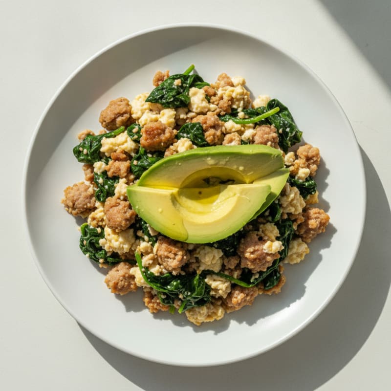 Egg White and Turkey Sausage Scramble with Sautéed Spinach