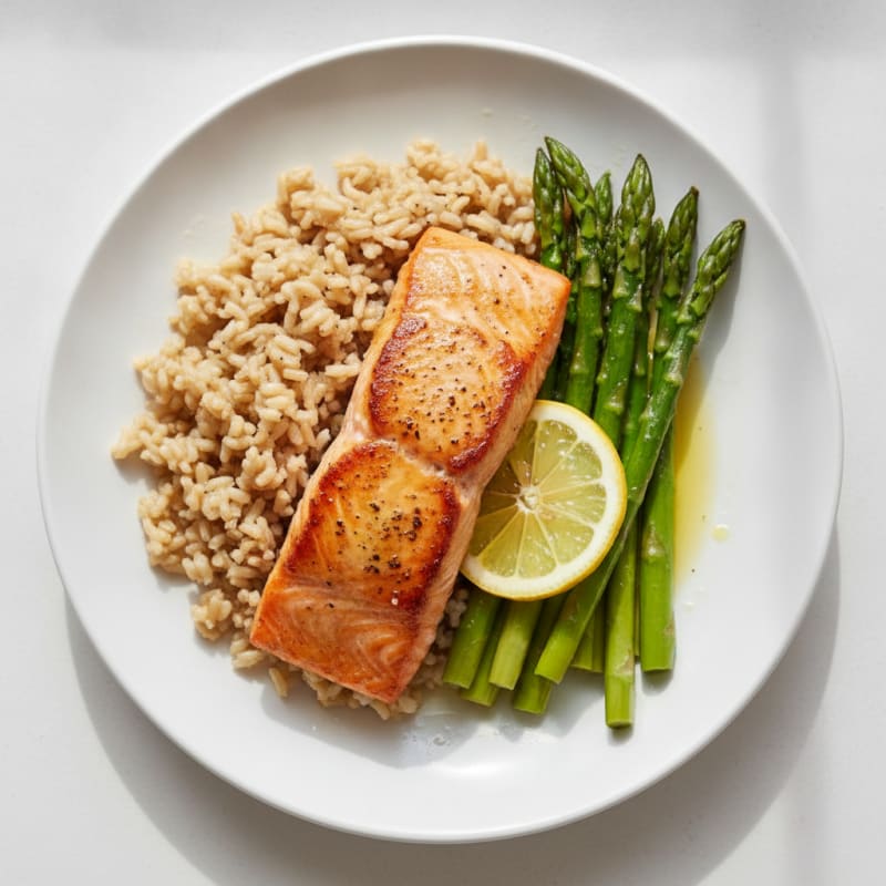 Seared Salmon with Steamed Asparagus and Brown Rice