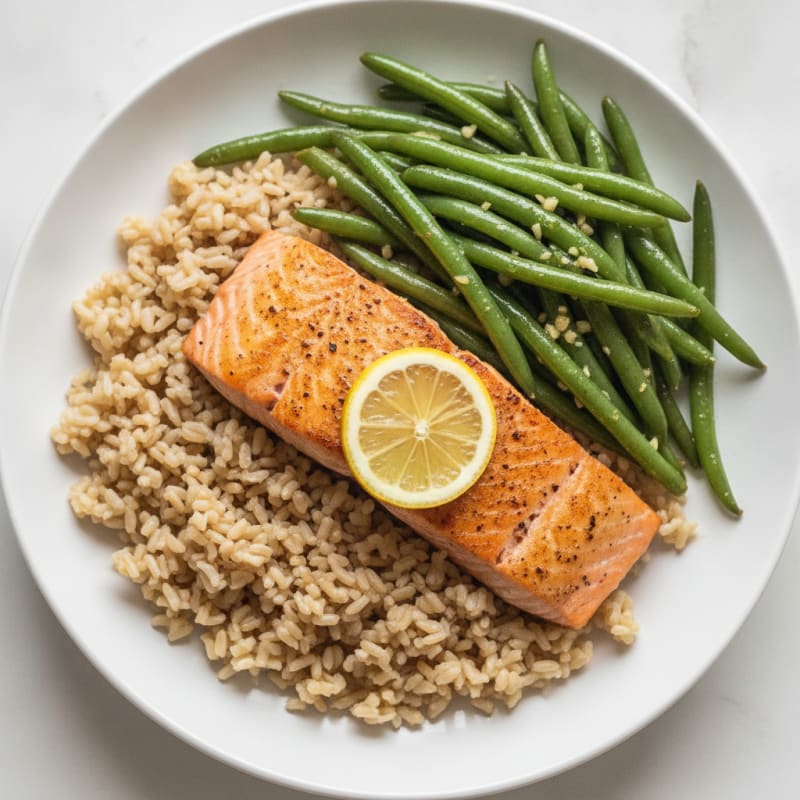 Seared Salmon Fillet with Garlic Green Beans and Brown Rice