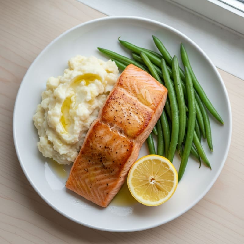 Seared Salmon with Steamed Green Beans and Garlic Mashed Cauliflower