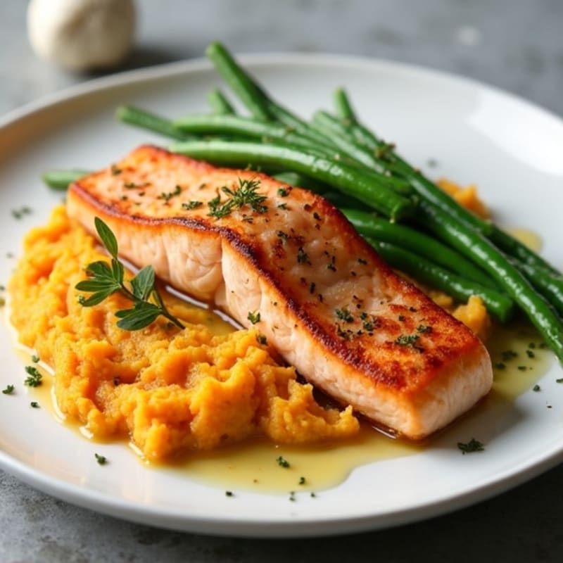 Seared Salmon with Garlic Green Beans and Sweet Potato Mash