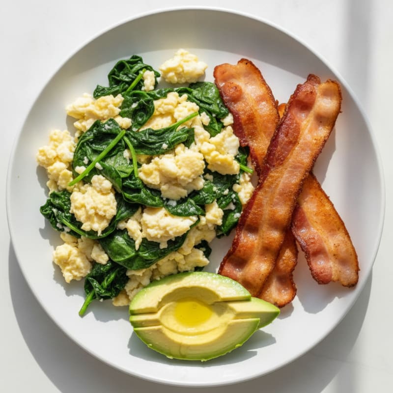 Crispy Turkey Bacon and Egg White Scramble with Sautéed Spinach