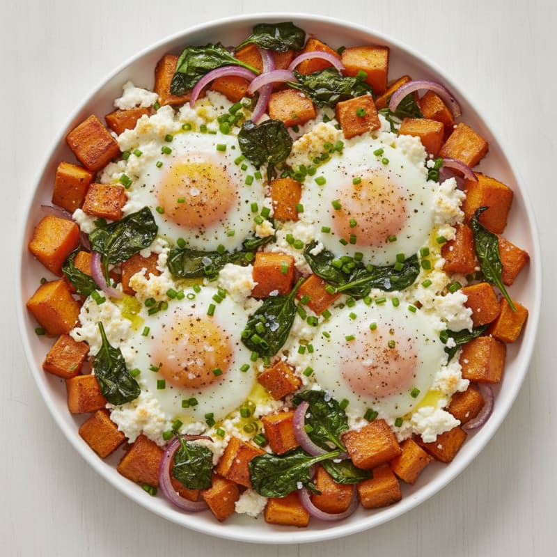 Baked Eggs Sweet Potato Cottage Cheese Hash