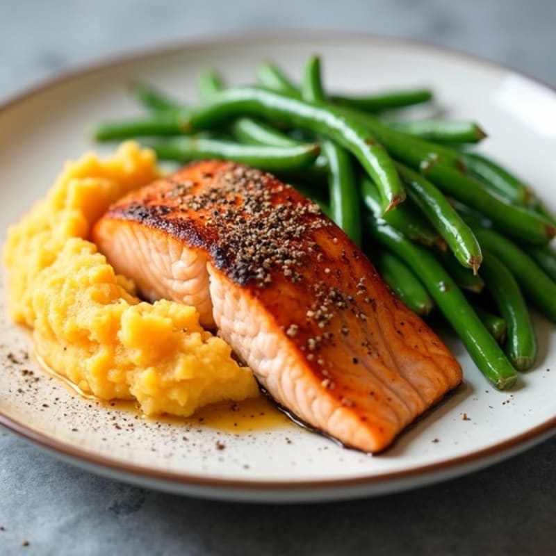 Seared Salmon with Steamed Green Beans and Mashed Sweet Potato