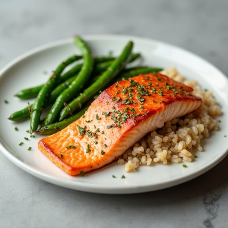 Seared Salmon with Steamed Green Beans and Brown Rice