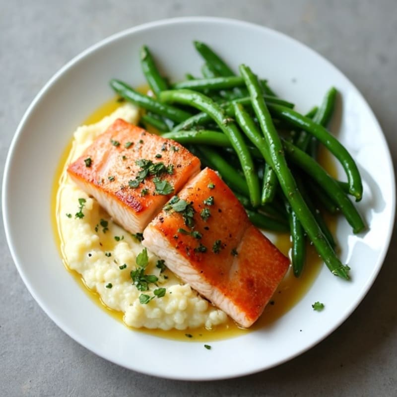 Seared Salmon with Garlic Green Beans and Cauliflower Mash