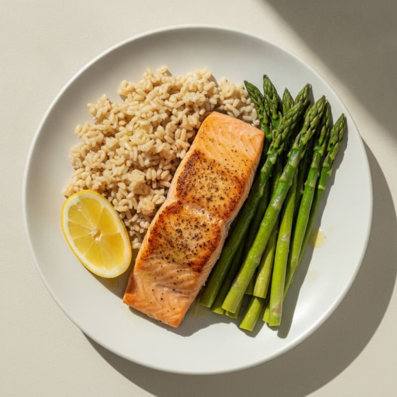 Seared Salmon with Steamed Asparagus and Brown Rice