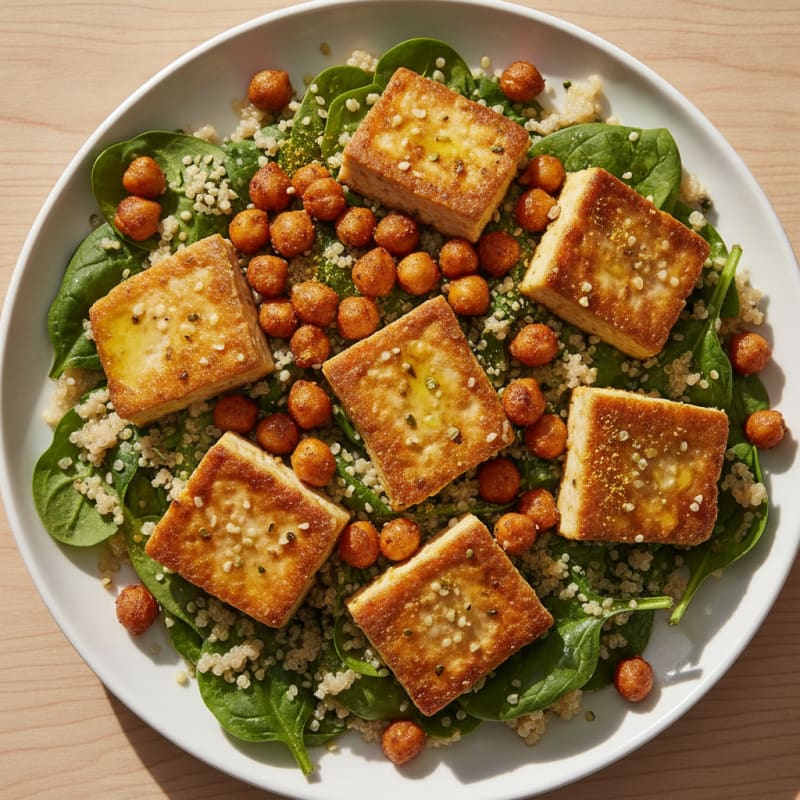 Seared Tofu and Quinoa Salad with Roasted Chickpeas