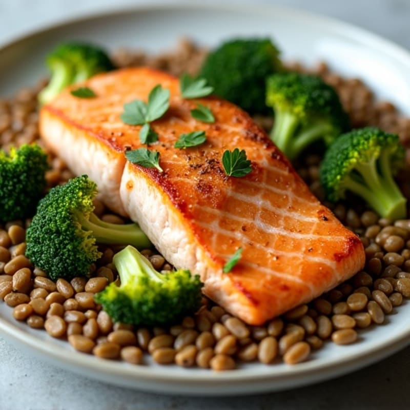 Seared Salmon with Roasted Broccoli and Lentils
