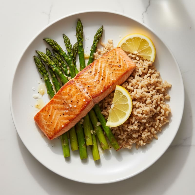 Seared Salmon with Roasted Asparagus and Brown Rice