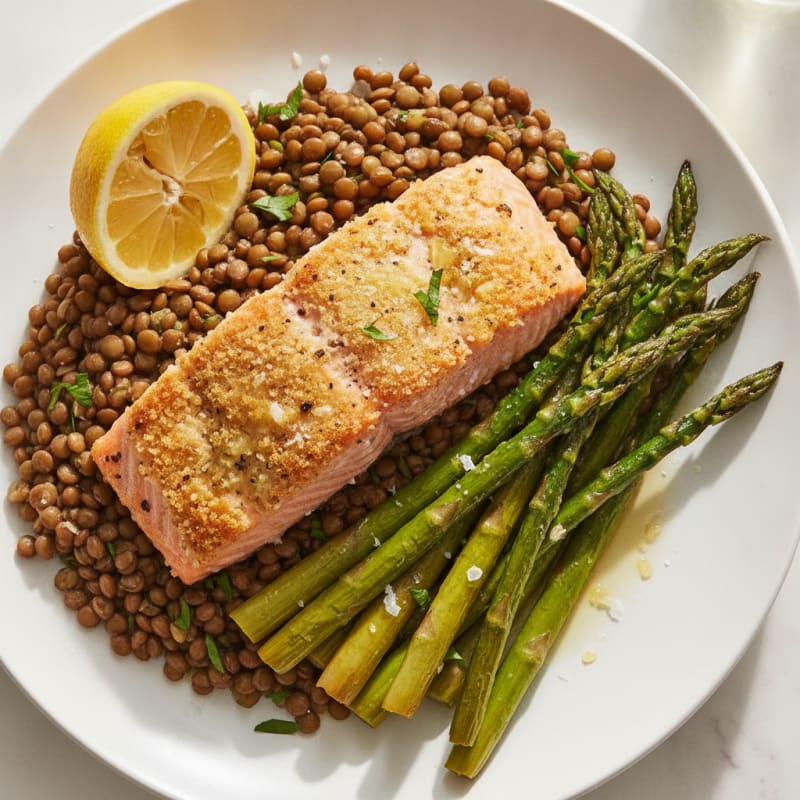 Seared Salmon Fillet with Roasted Asparagus and Lentils